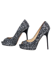 Current Boutique-Jimmy Choo - Silver & Black Glitter Open-Toe Pumps Sz 6