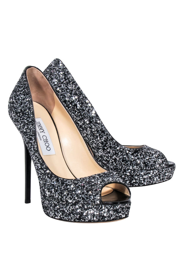 Current Boutique-Jimmy Choo - Silver & Black Glitter Open-Toe Pumps Sz 6