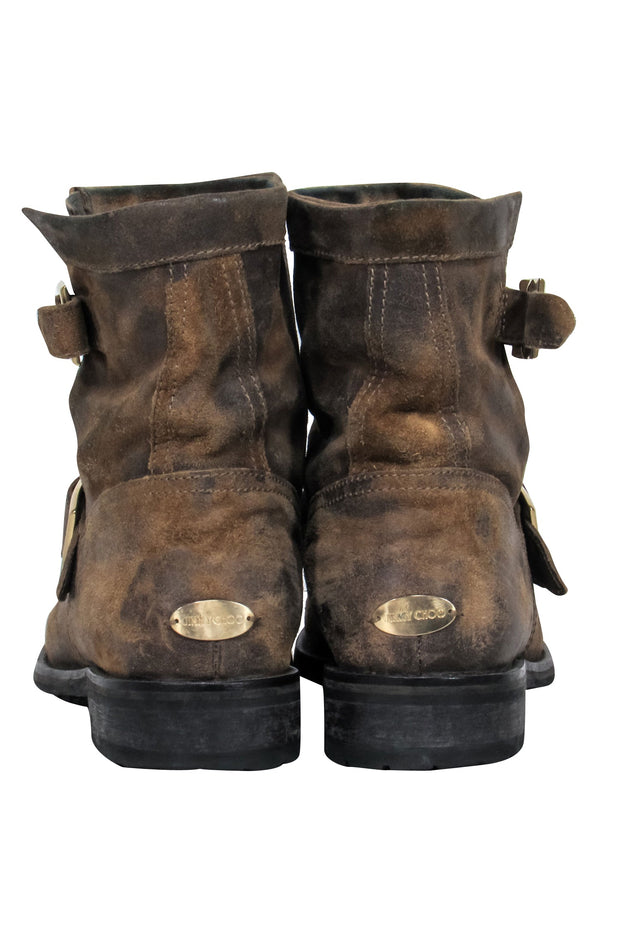 Current Boutique-Jimmy Choo - Tan Suede Leather Distressed Moto Boots Sz 7.5