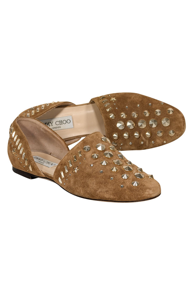 Current Boutique-Jimmy Choo - Tan Suede w/ Gold Studded Trim Flats Sz 6