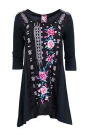 Current Boutique-Johnny Was - Black Tunic Top w/ Multi Color Embroidered Detail Sz S