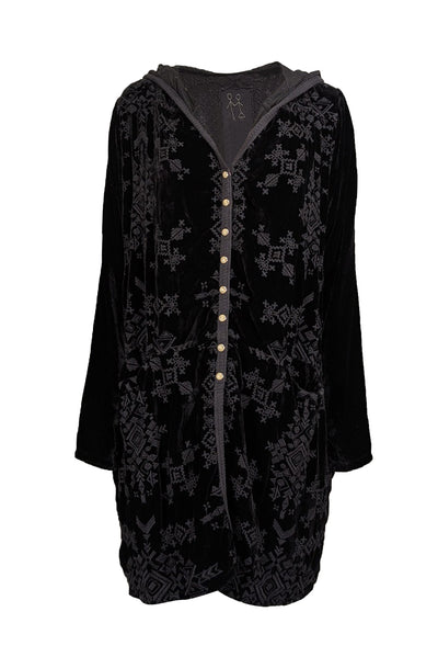 Current Boutique-Johnny Was - Black Velvet Embroidered Hooded Cardigan Sz M