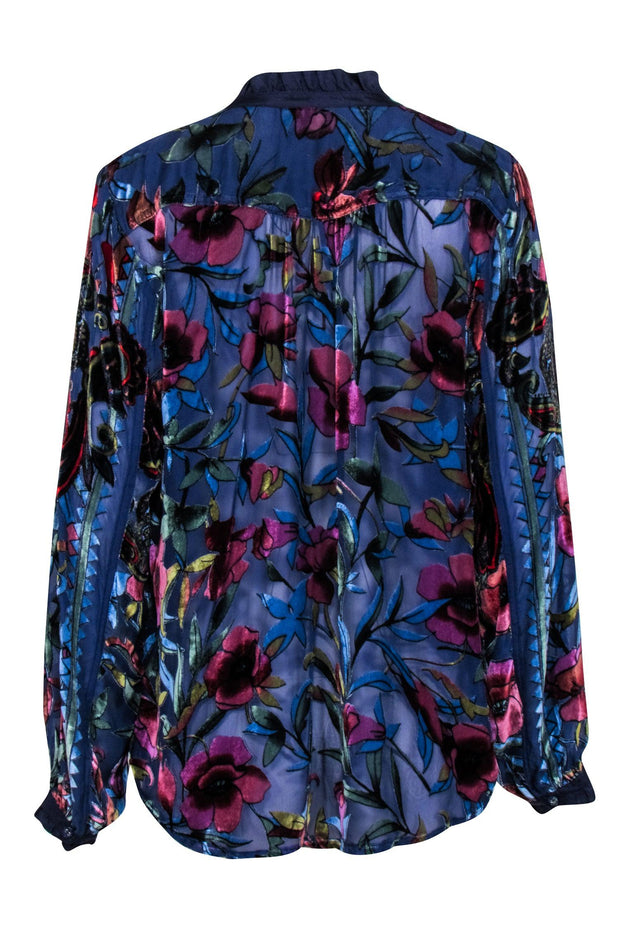 Current Boutique-Johnny Was - Blue & Multicolor Floral Velvet Burnout Long Sleeve Button Front Sz M