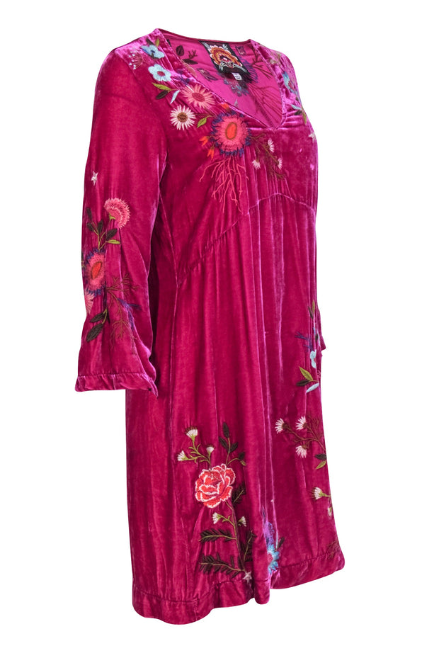 Current Boutique-Johnny Was - Fuchsia Crushed Velvet Floral Embroidered "Ulla" Dress Sz S