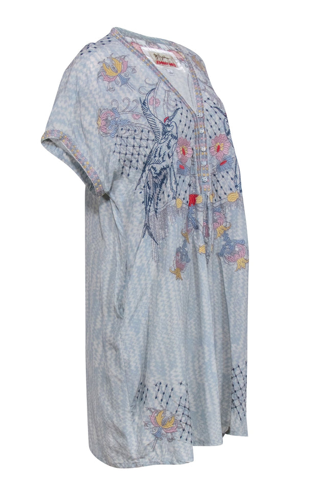 Current Boutique-Johnny Was - Light Blue Floral Embroidered Short Sleeve Dress Sz L