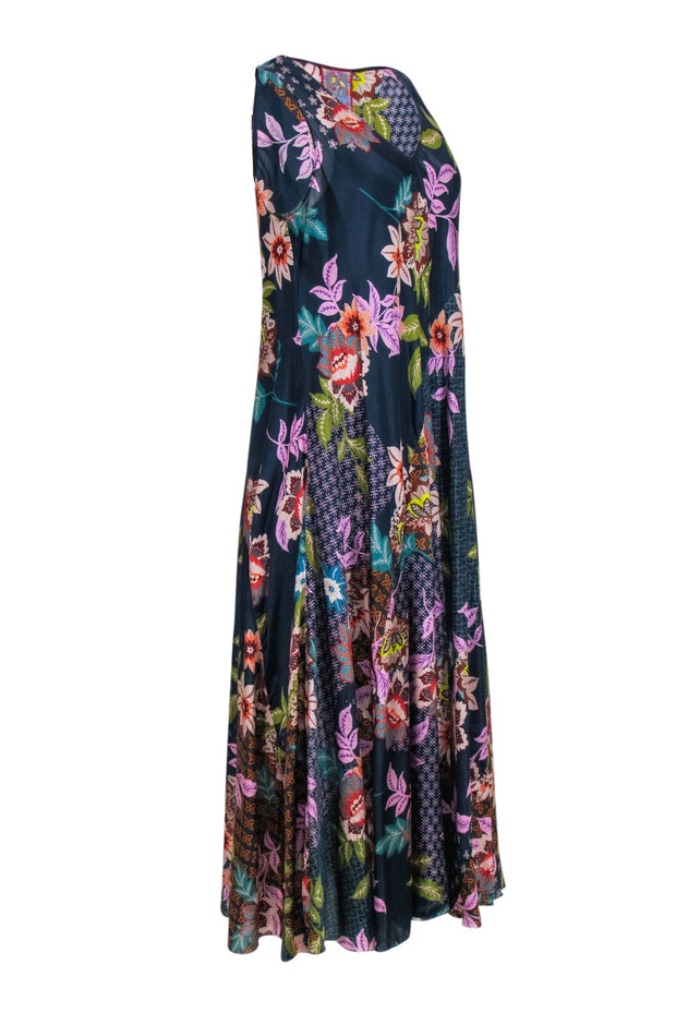 Current Boutique-Johnny Was - Navy Floral Silk Sleeveless Midi Dress Sz L