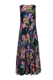 Current Boutique-Johnny Was - Navy Floral Silk Sleeveless Midi Dress Sz L