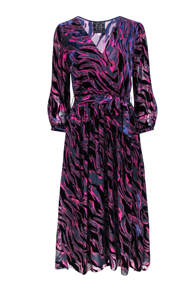 Current Boutique-Johnny Was - Navy, Pink, & Red Print Velvet Burn Out Wrap Bodice Dress Sz S