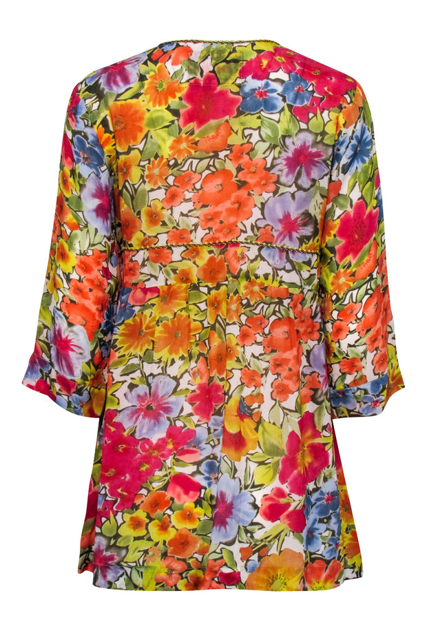 Current Boutique-Johnny Was - Red & Multicolor Floral Tunic Blouse Sz S