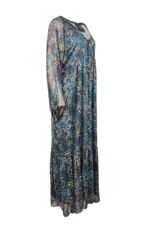 Current Boutique-Johnny Was - Teal w/ Multicolor Floral Print Silk Maxi Dress Sz M