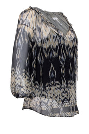 Current Boutique-Joie - Beige & Black Print Silk Semi Sheer Blouse Sz S