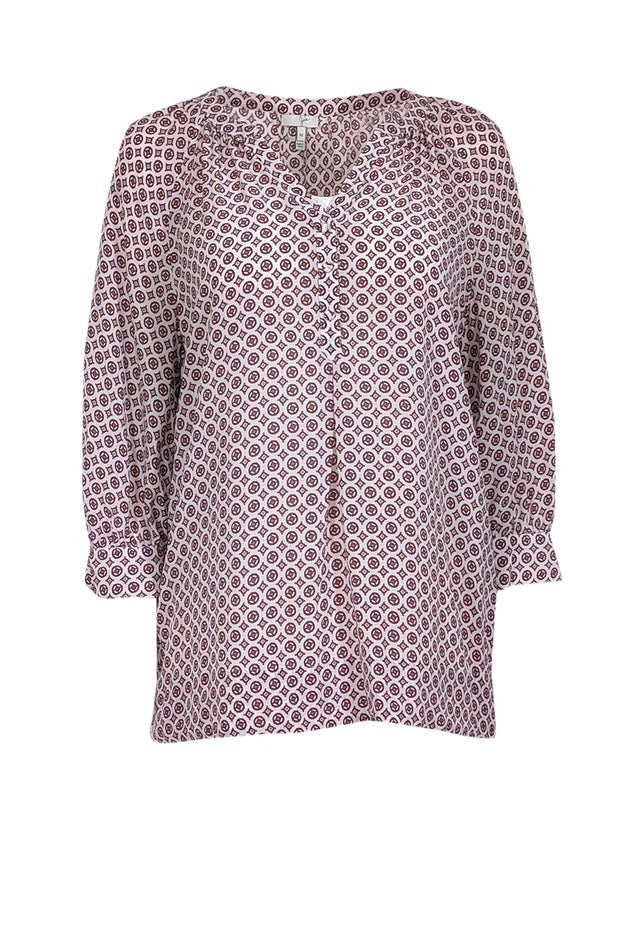 Current Boutique-Joie - Pink Geometric Print Cropped Sleeve Silk Notch Neckline Top Sz M