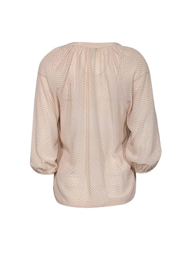 Current Boutique-Joie - Pink & Ivory Micro Hounds-Tooth Print Silk Cropped Sleeve Shirt Sz XS