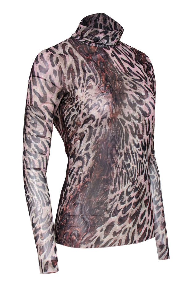 Current Boutique-Jonathan Simkhai - Brown, Black, & Blush Leopard Print Long Sleeve Mesh Turtle Neck Top Sz M