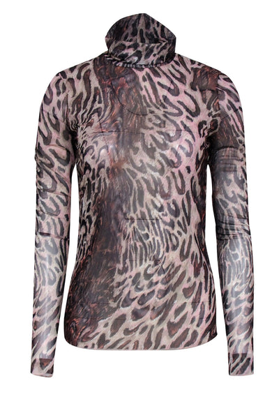 Current Boutique-Jonathan Simkhai - Brown, Black, & Blush Leopard Print Long Sleeve Mesh Turtle Neck Top Sz M