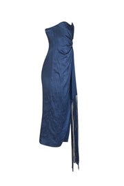 Current Boutique-Jonathan Simkhai - Dark Blue Paisley Satin Jacquard Dress w/ Fringe Sz 4