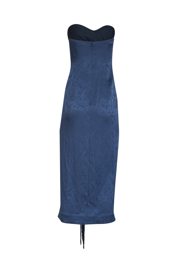 Current Boutique-Jonathan Simkhai - Dark Blue Paisley Satin Jacquard Dress w/ Fringe Sz 4