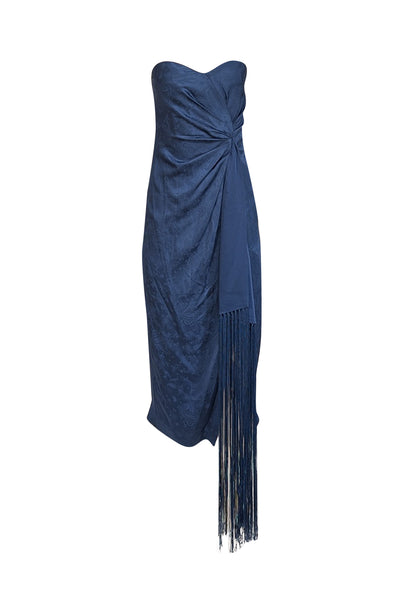 Current Boutique-Jonathan Simkhai - Dark Blue Paisley Satin Jacquard Dress w/ Fringe Sz 4