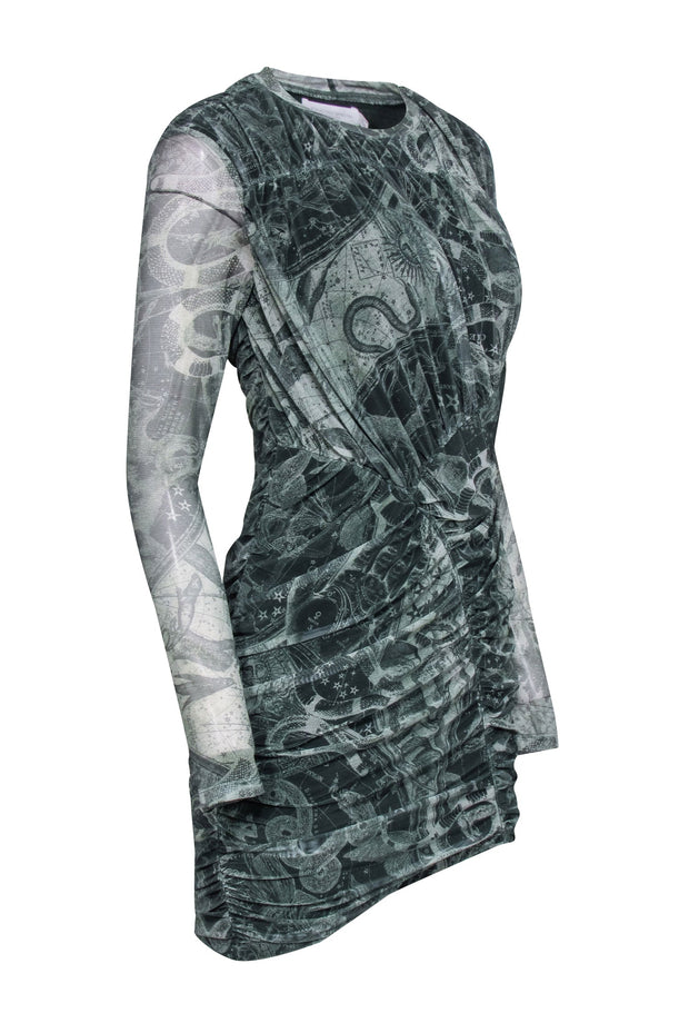 Current Boutique-Jonathan Simkhai - Green Astrologic Print Mesh Side Ruched Dress Sz M