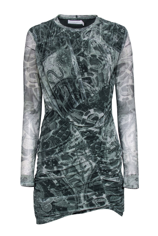 Current Boutique-Jonathan Simkhai - Green Astrologic Print Mesh Side Ruched Dress Sz M