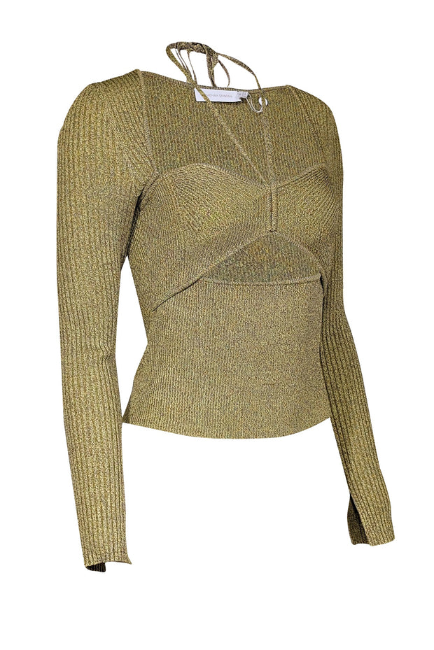 Current Boutique-Jonathan Simkhai - Lime Green & Taupe Rib Knit Sweetheart Top Sz M