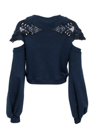 Current Boutique-Jonathan Simkhai - Navy Lace Long Sleeve Sweatshirt w/ Shoulder Cut Outs Sz XS