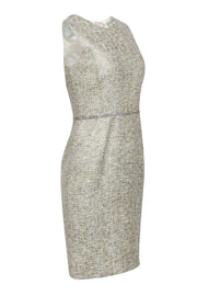 Current Boutique-Kalinka - Ivory & Gold Tweed Sheath Dress w/ Gemstone Belt Sz 8