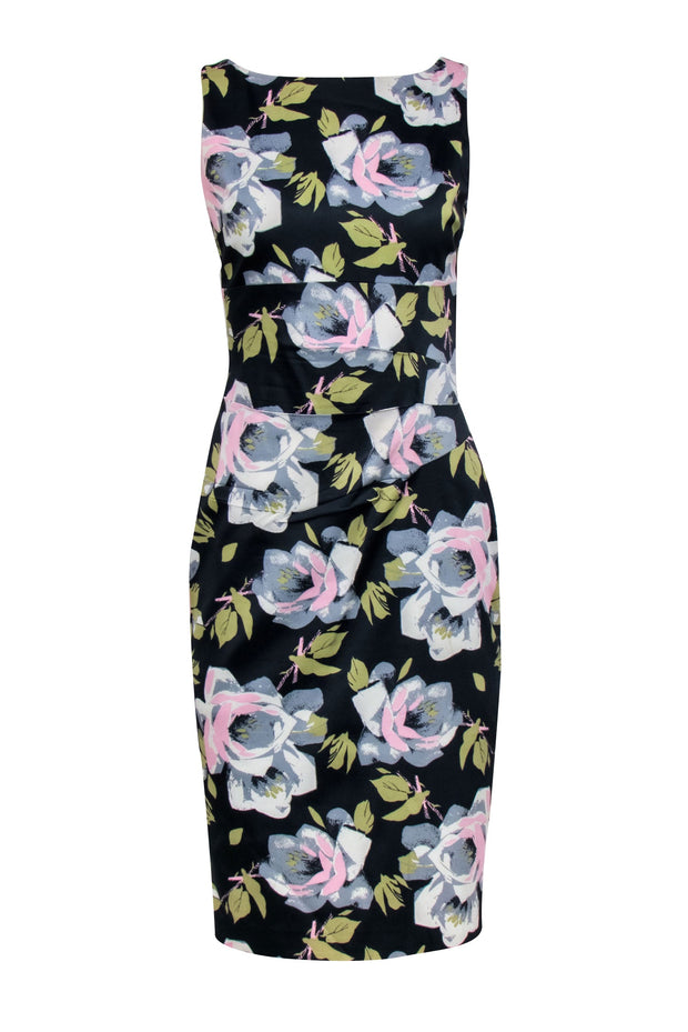 Current Boutique-Karen Millen - Navy w/ Pink & Grey Floral Print Sheath Dress Sz 8