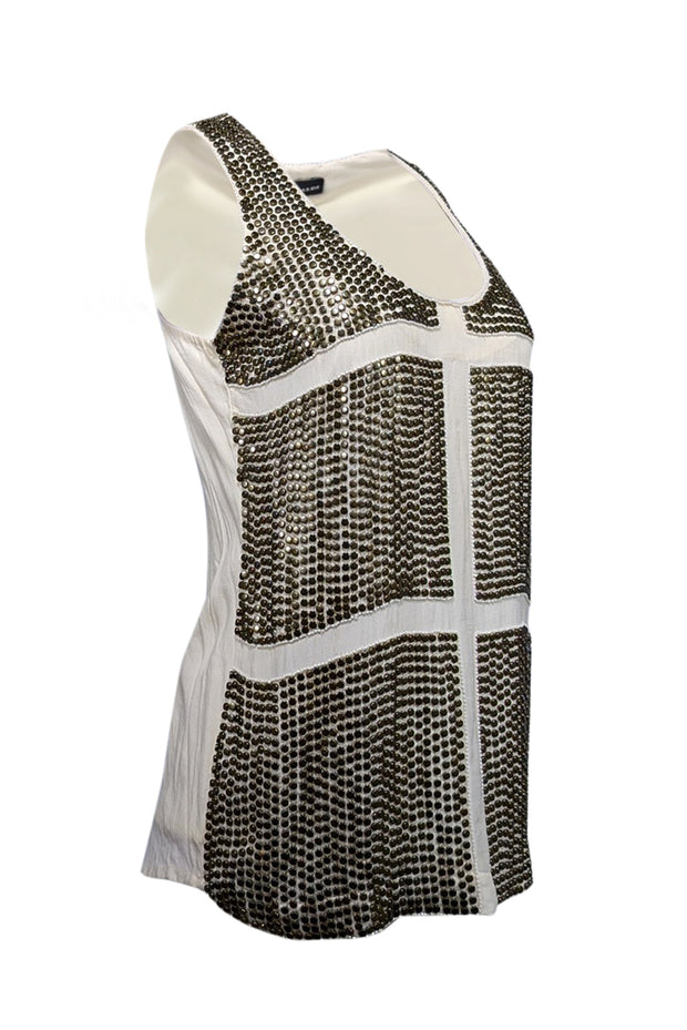 Current Boutique-Karina Grimaldi - Ivory Sleeveless Brass Studded Tank Sz XS