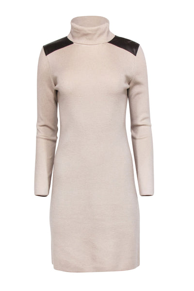 Current Boutique-Kate Spade - Beige Turtle Neck Knit Long Sleeve Dress w/ Leather Trims Sz S