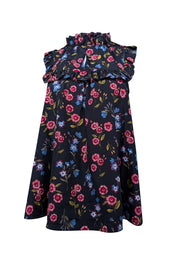 Current Boutique-Kate Spade - Black w/ Multicolor Floral Print Ruffled Trimmed Sleeveless Top Sz S