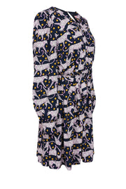 Current Boutique-Kate Spade - Navy, Purple, & Yellow Dotted Panther Print Belted Dress Sz M