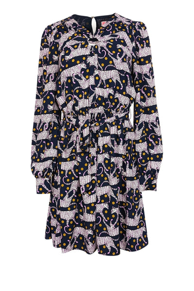 Current Boutique-Kate Spade - Navy, Purple, & Yellow Dotted Panther Print Belted Dress Sz M