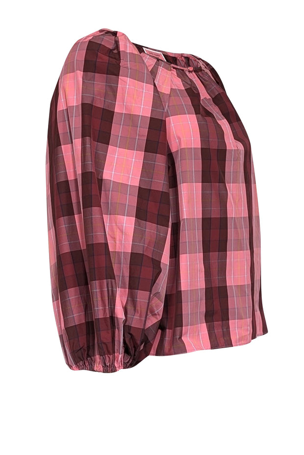 Current Boutique-Kate Spade - Pink & Maroon Plaid Print Taffeta Blouse Sz S