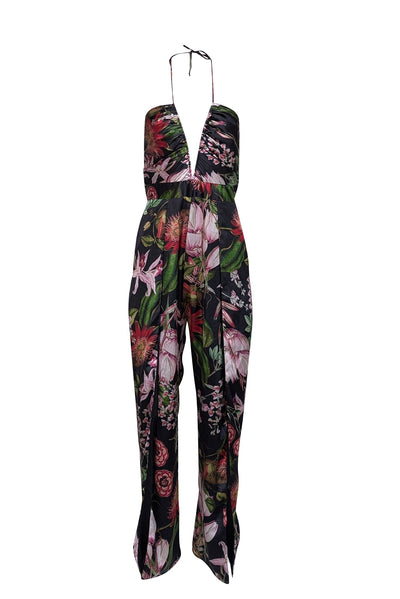 Current Boutique-Katie May - Black w/ Pink Floral Sprint Halter Jumpsuit Sz M