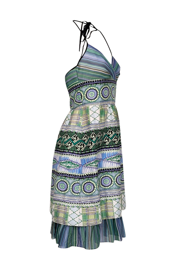 Current Boutique-Kay Unger - Green & Blue Mixed Print Halter Dress Sz 6