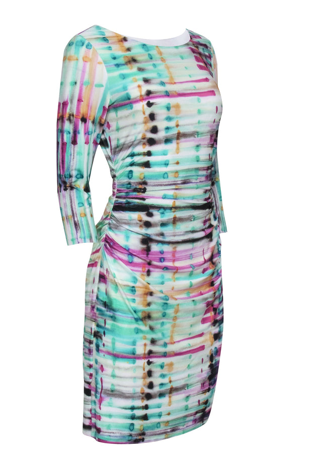 Current Boutique-Kay Unger - Green Multicolor Abstract Print Ruched Dress Sz 8