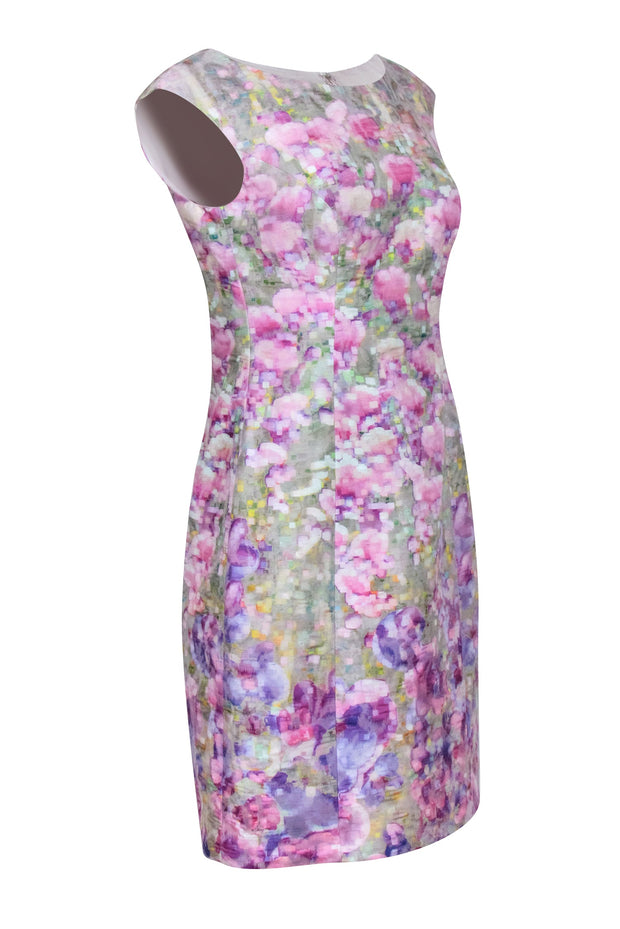 Current Boutique-Kay Unger - Green w/ Purple Abstract Floral Print Cap Sleeve Sheath Dress Sz 8