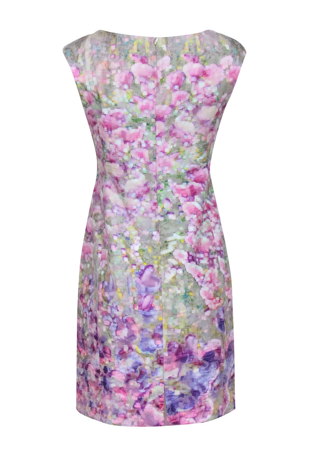 Current Boutique-Kay Unger - Green w/ Purple Abstract Floral Print Cap Sleeve Sheath Dress Sz 8