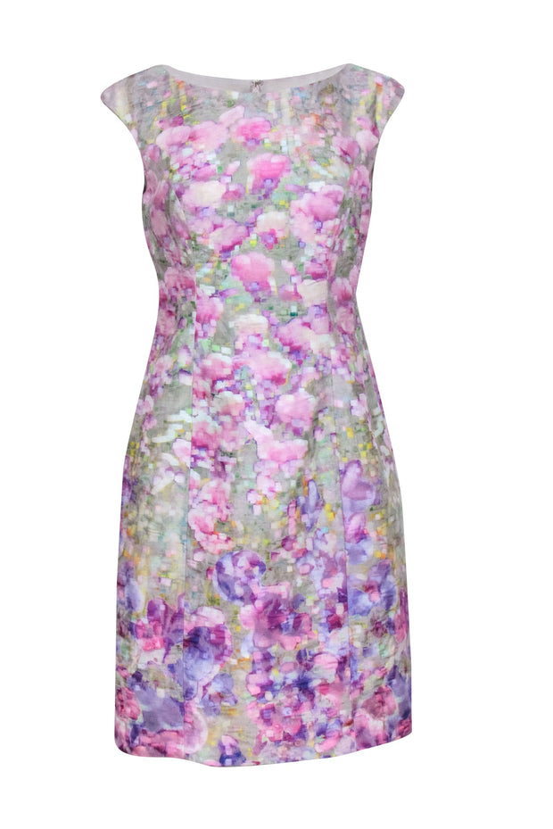 Current Boutique-Kay Unger - Green w/ Purple Abstract Floral Print Cap Sleeve Sheath Dress Sz 8