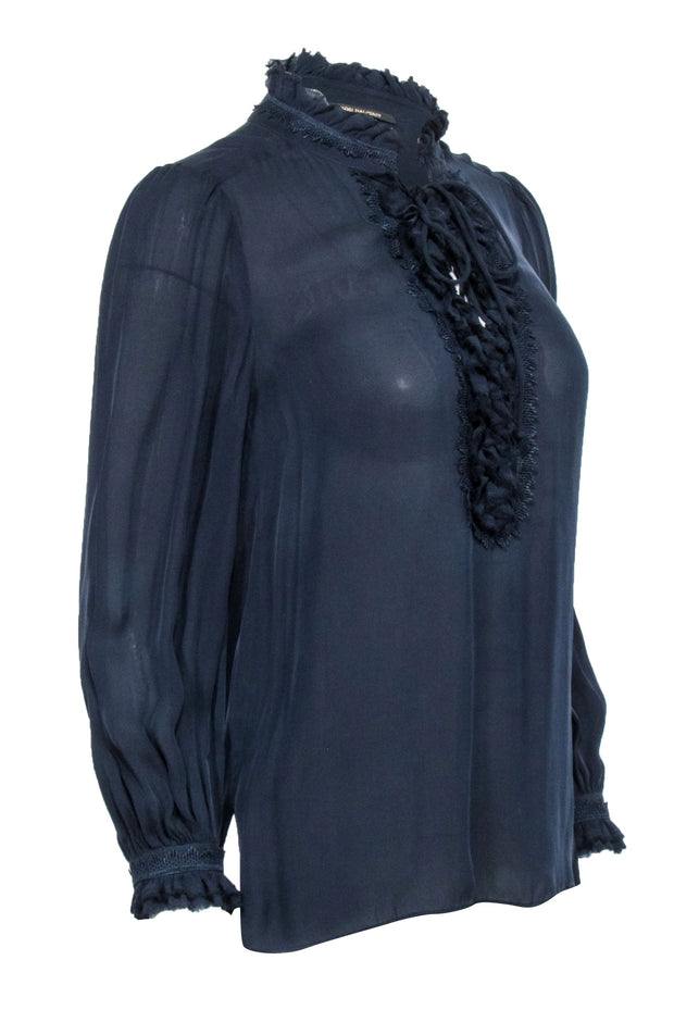 Current Boutique-Kobi Halperin - Navy Blue Sheer Ruffled Peasant Blouse Sz XS