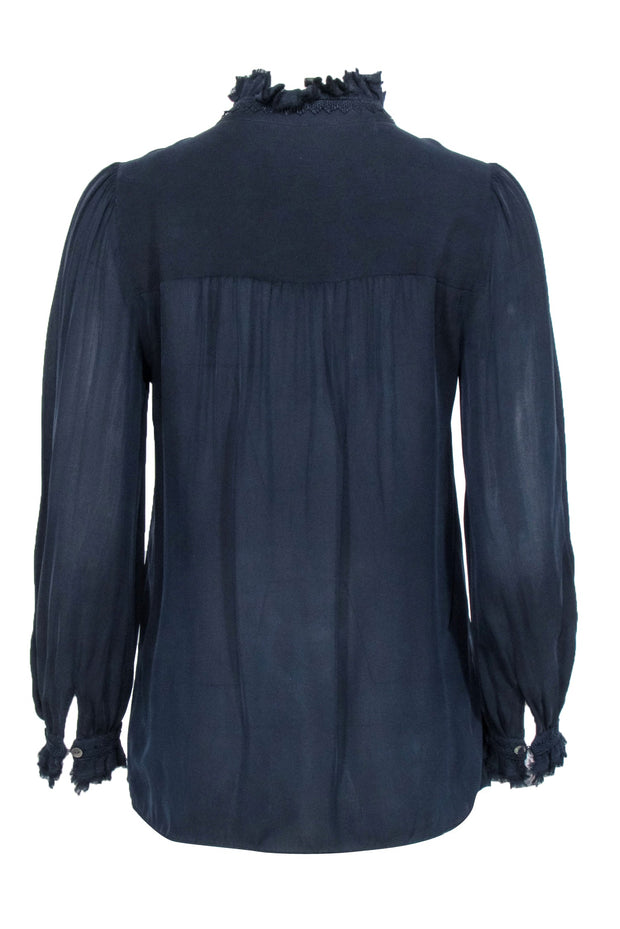 Current Boutique-Kobi Halperin - Navy Blue Sheer Ruffled Peasant Blouse Sz XS