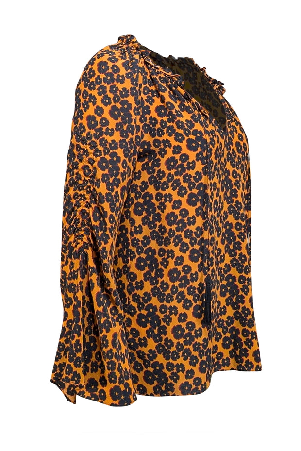 Current Boutique-Kobi Halperin - Orange w/ Black Floral Print Silk Blouse Sz S