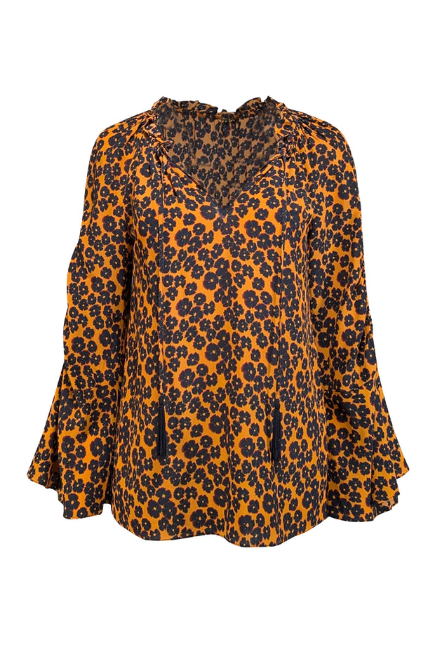 Current Boutique-Kobi Halperin - Orange w/ Black Floral Print Silk Blouse Sz S