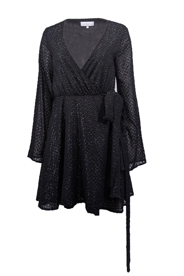 Current Boutique-L'Academie - Black Metallic Textured Wrap Dress Sz S