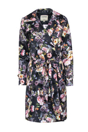 Current Boutique-L'Agence - Black Multicolor Floral Print "Atticus" Trench Coat Sz XS