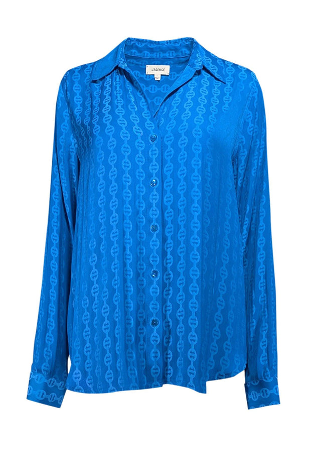 Current Boutique-L'Agence - Blue Chain Link Print Satin Shirt Sz L