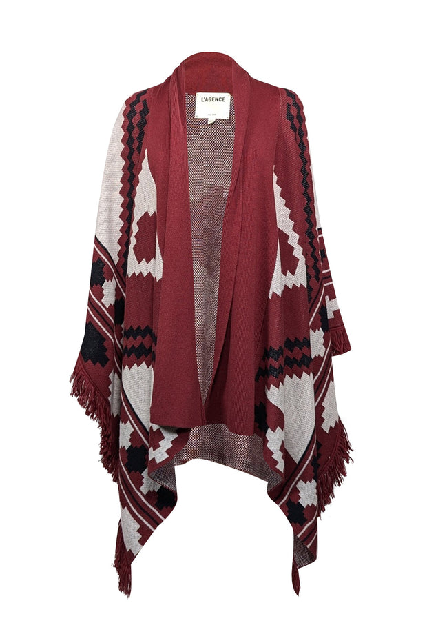 Current Boutique-L'Agence - Dark Red, Black, & White Wool Blend Cape Shawl Sz XS/S