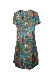 Current Boutique-La DoubleJ - Blue, Teal, & Pink Jungle Print Silk Mini Swing Dress Sz L