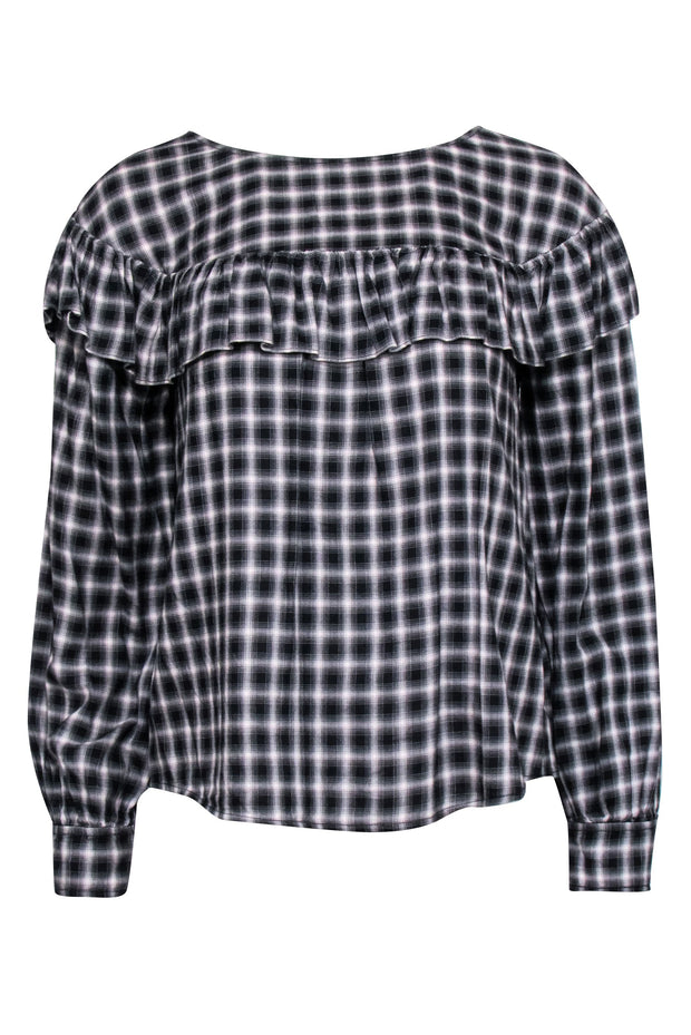 Current Boutique-La Vie Rebecca Taylor - Black Plaid Long Sleeve Top w/Ruffle Sz S